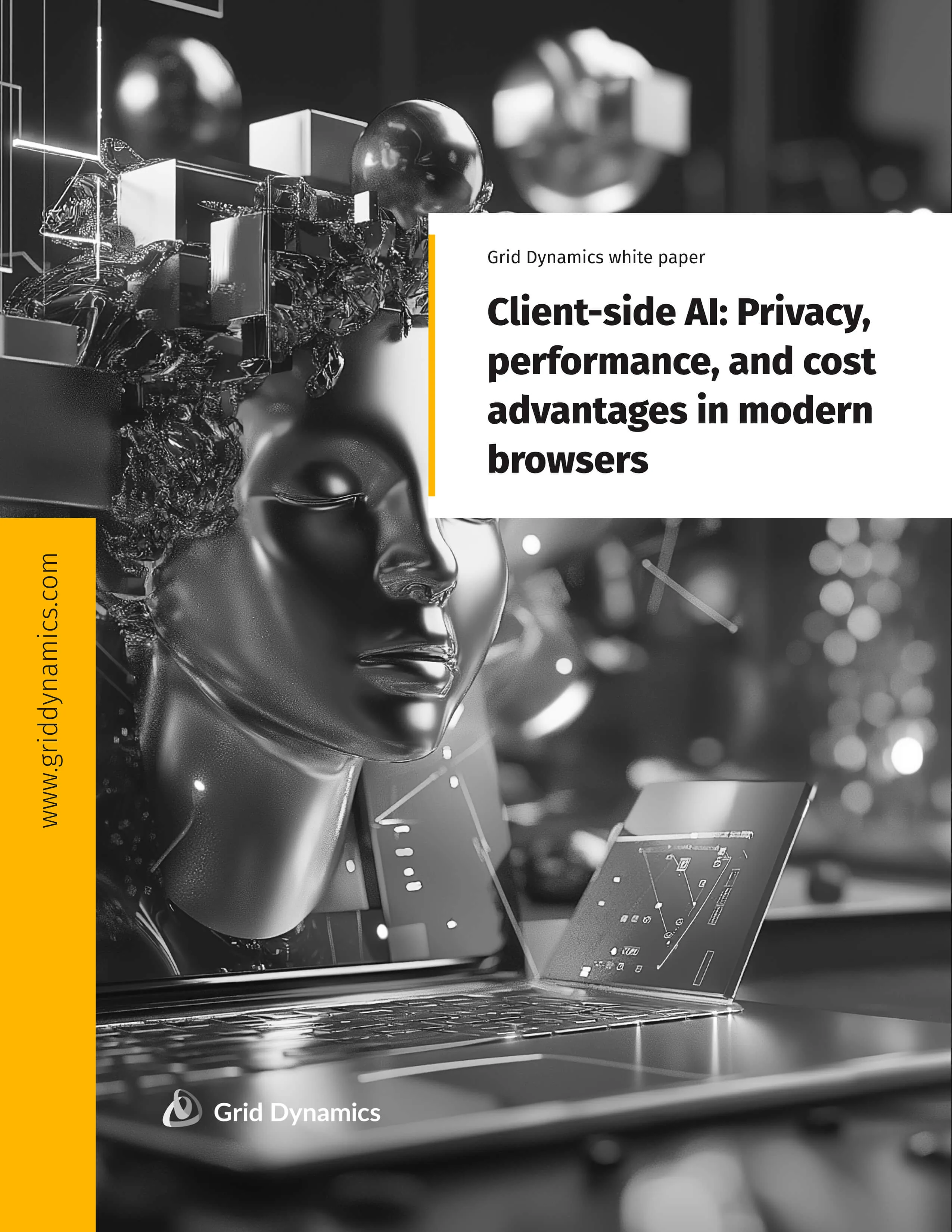 A futuristic, metallic human figure surrounded by abstract geometric shapes and digital light effects