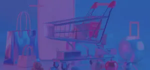 Shopping cart surrounded by various items such as shopping bags and apples