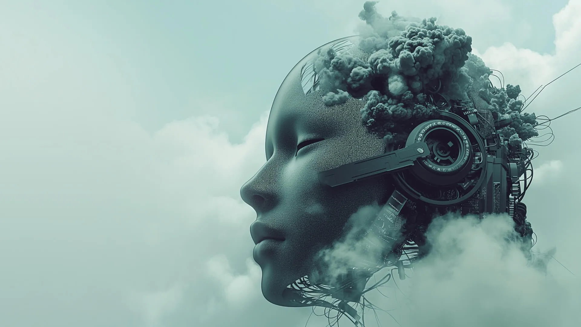 Futuristic representation of a human face merging with mechanical elements and smoke, creating a surreal effect.