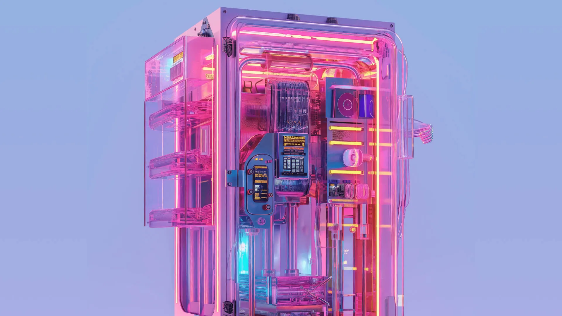 Futuristic transparent server case illuminated by purple LED lights