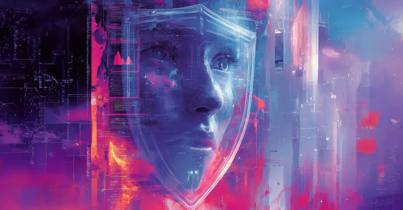 Neon cyberpunk face within a translucent shield, surrounded by abstract dashboards and data streams in blue‑pink tones to represent AIOps SRE Platform