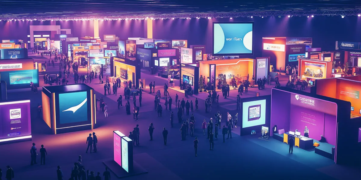 Exhibition hall with colorful booths at a retail event