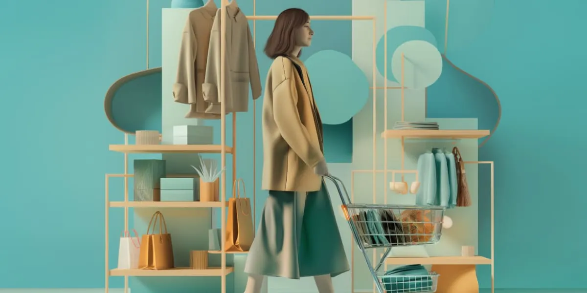 A woman shopping with a cart in a stylized store.