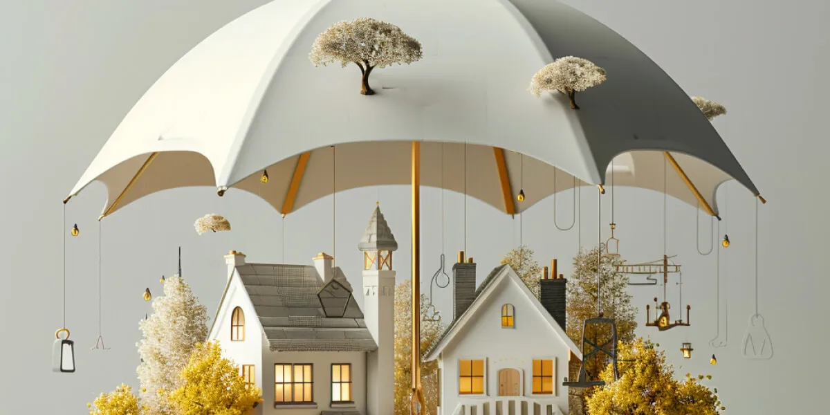 White houses and an umbrella to illustrate future of insurance