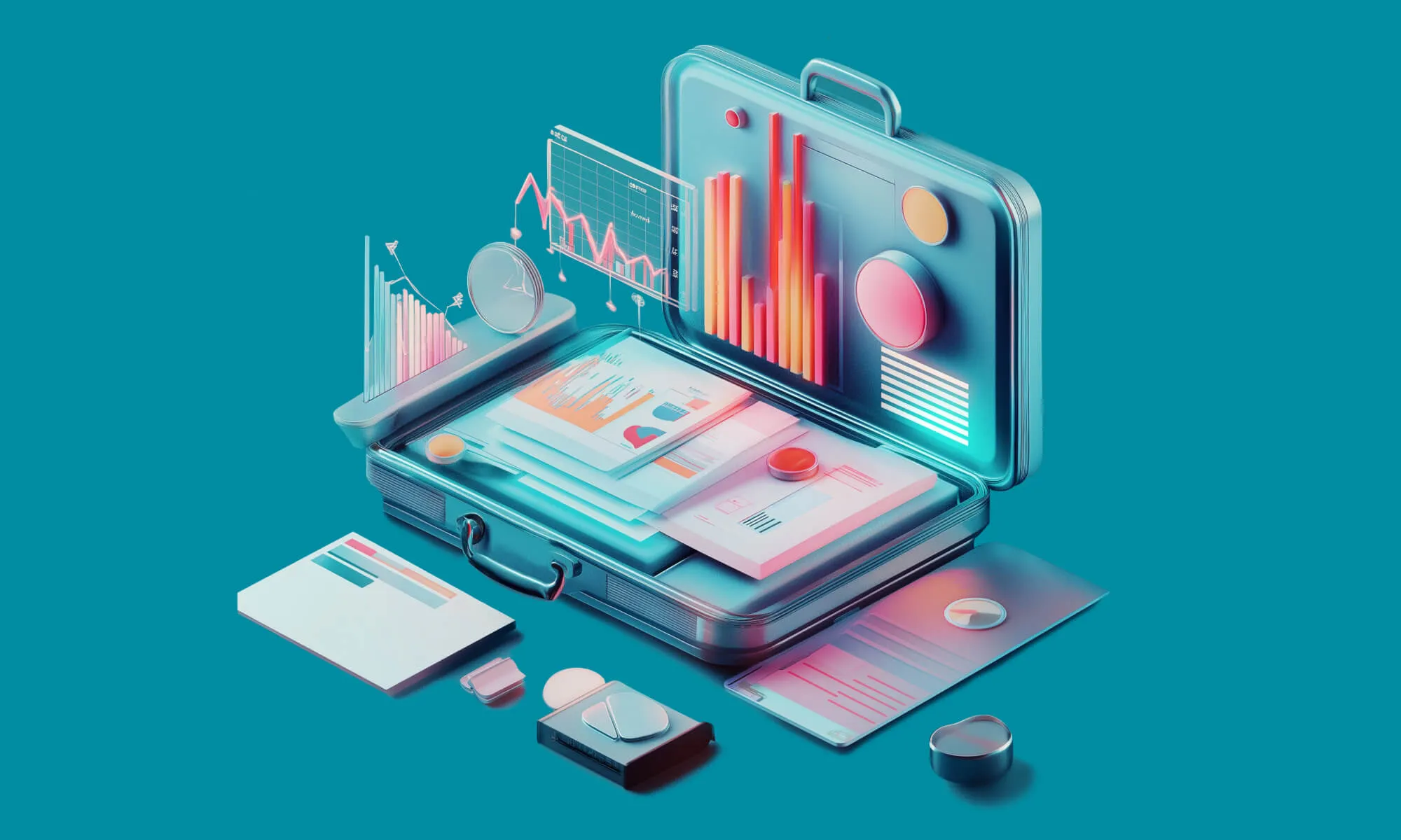 abstract image depicting a suitcase, laptop and documents