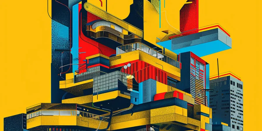 Colorful abstract building in red, yellow, and blue