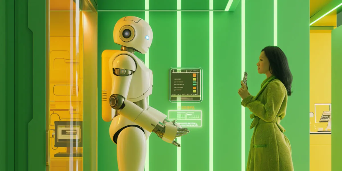 A humanoid robot and a woman in a futuristic, green-lit room