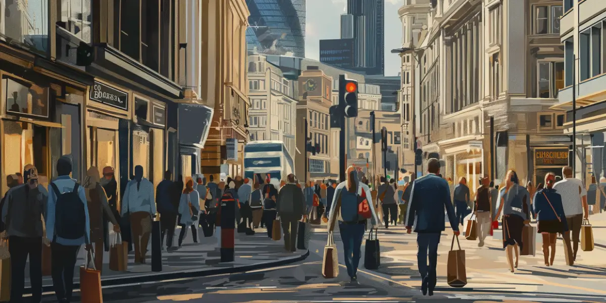 Street view of a busy London shopping district with people carrying shopping bags