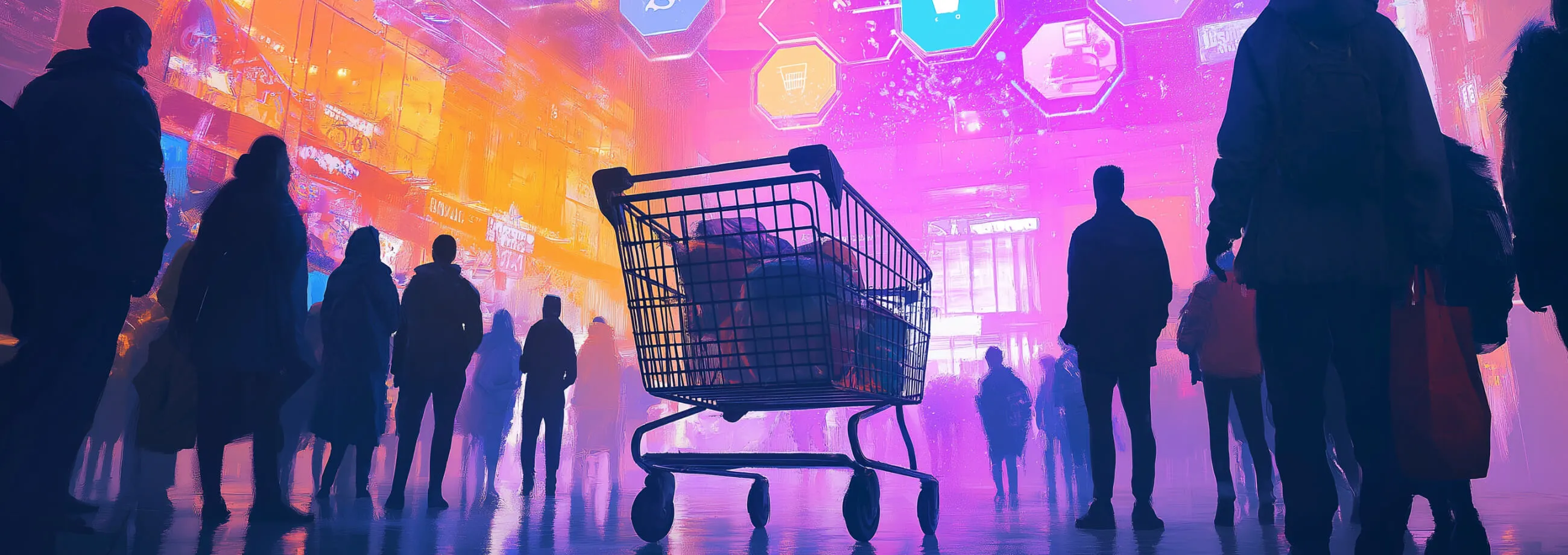 A shopping cart surrounded by silhouetted people in a vibrant, digital marketplace with hexagonal icons floating above, representing B2B composable commerce.