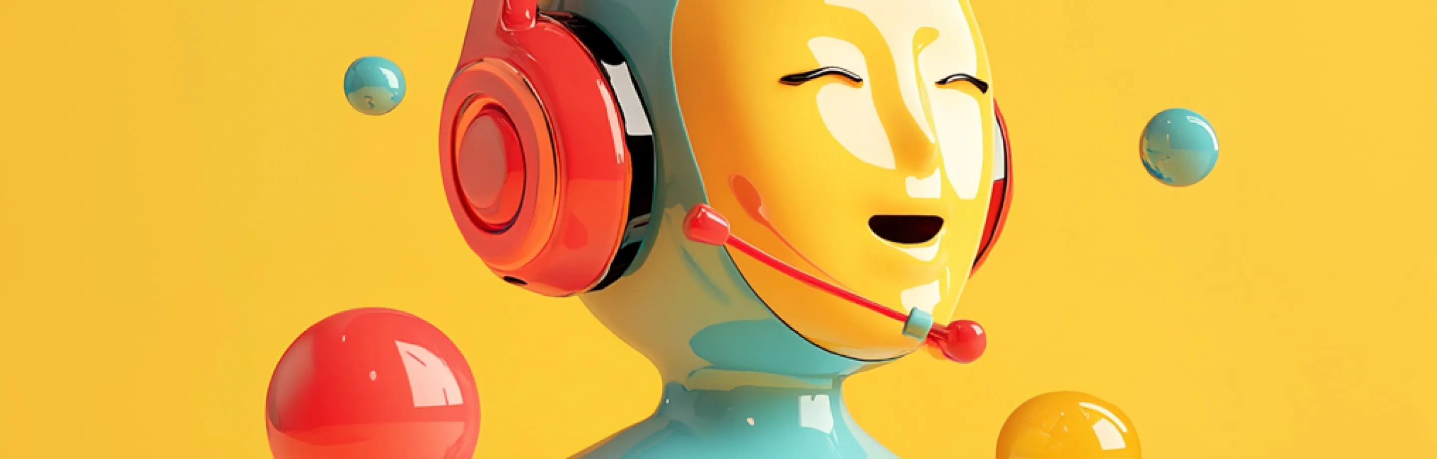 3D customer service representative face with headphones and microphone against yellow background