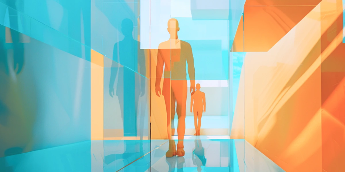 Figures in glass corridor