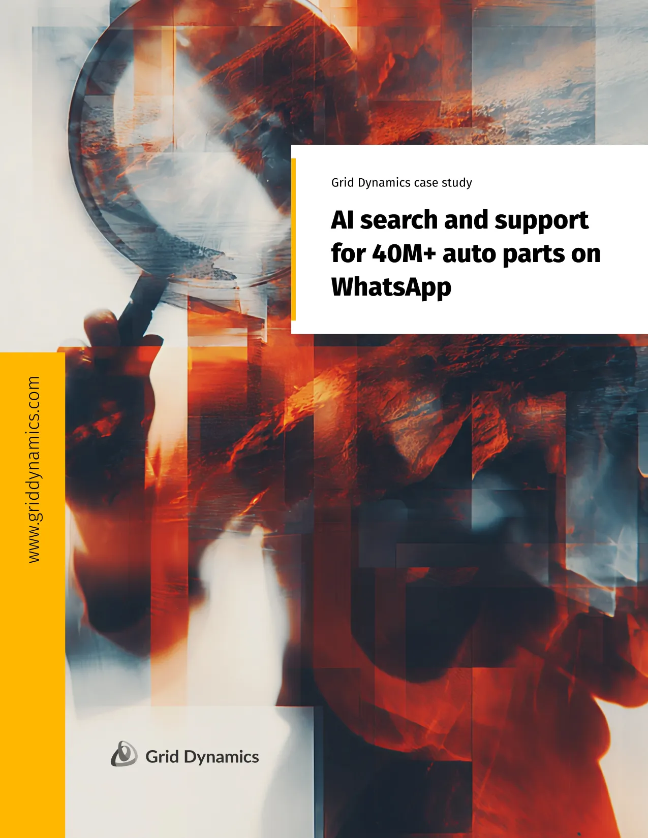 Magnifying glass overlaying collaged ocean and abstract imagery representing AI-powered WhatsApp search technology.