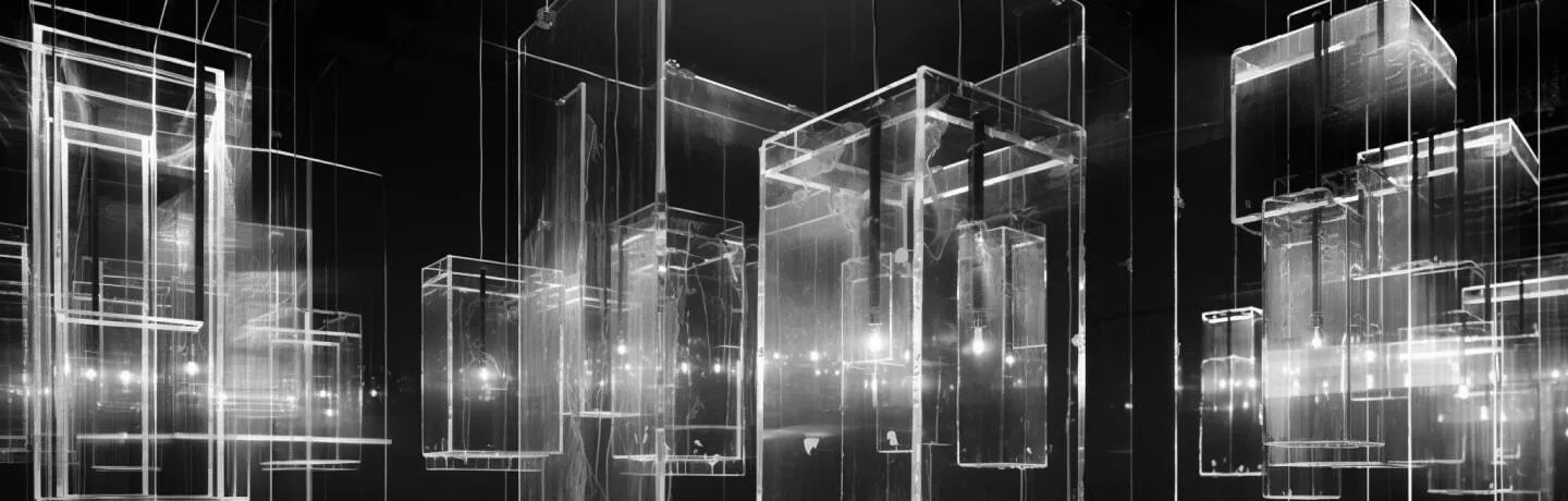 Abstract composition featuring transparent, illuminated glass-like cubes suspended in a dark environment