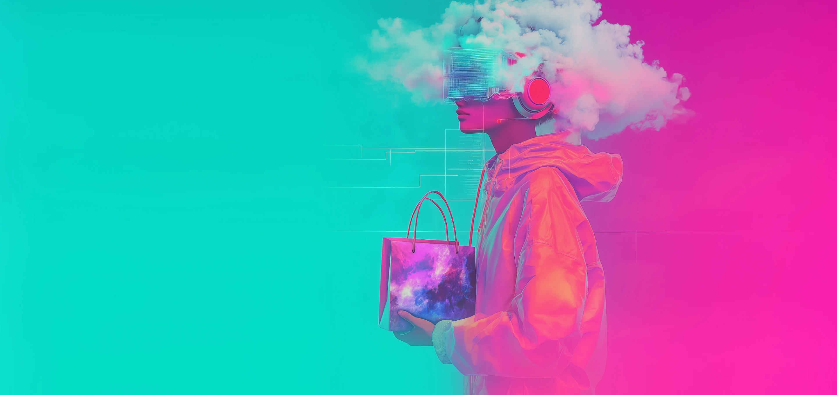 A person with headphones holding a shopping bag amidst clouds