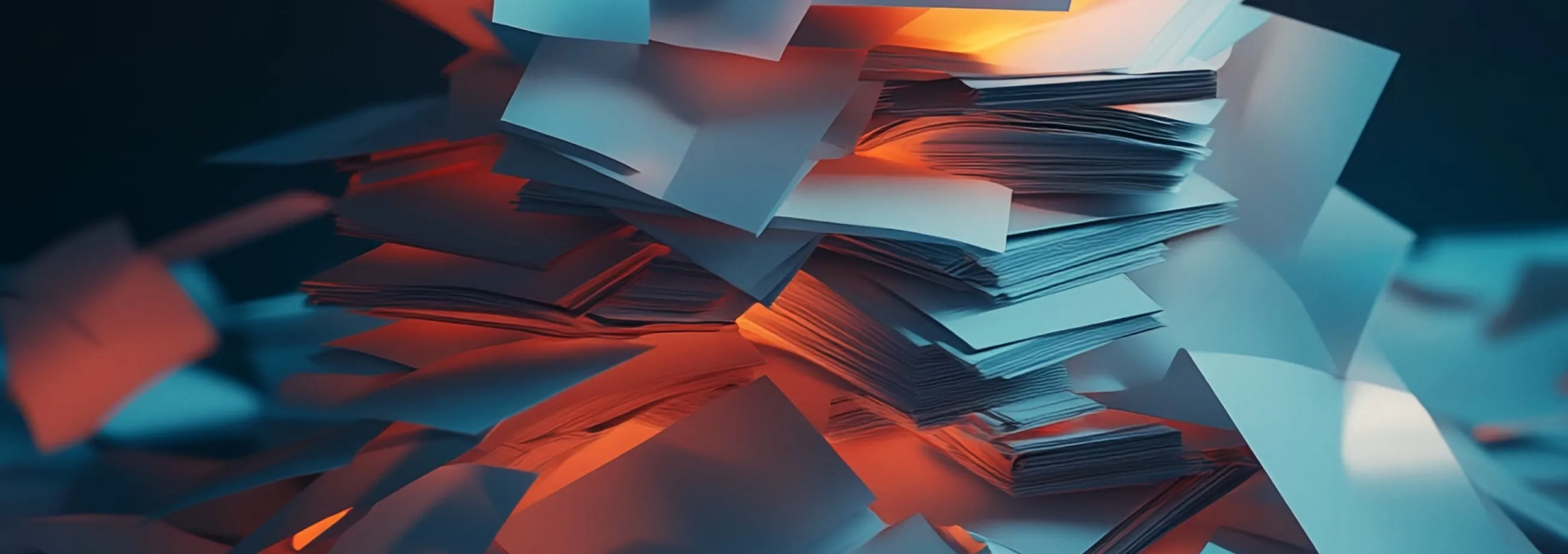 Piles of documents against a blue and orange background