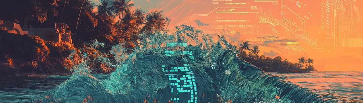 Blue code waves on sunset