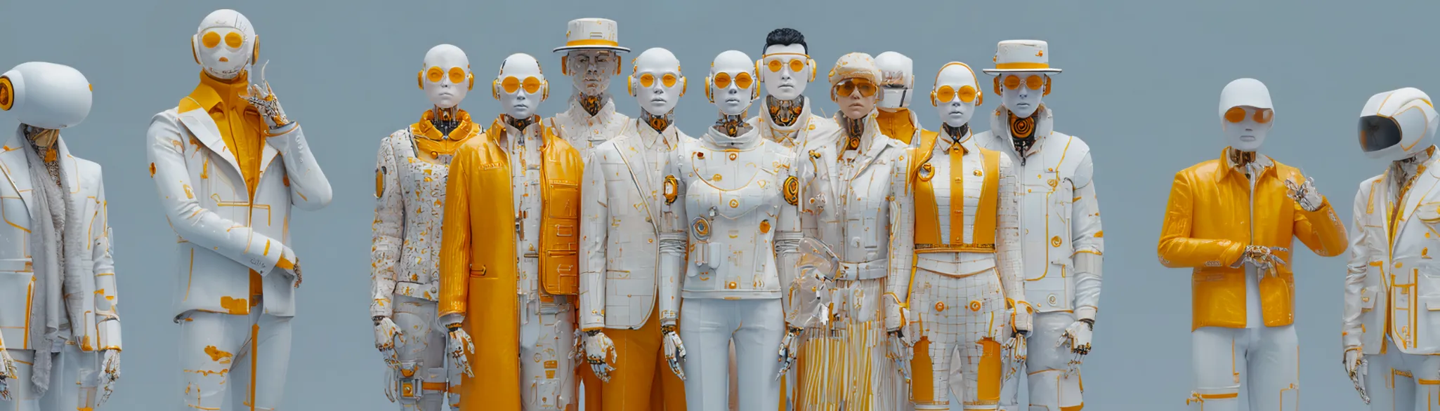 Futuristic humanoid robots in white and yellow representing advanced AI.