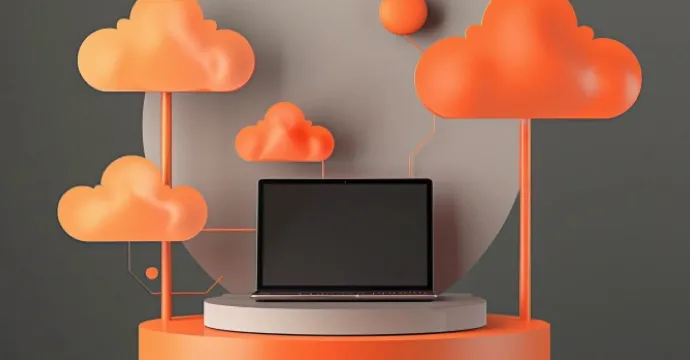 Laptop connected to floating clouds with geometric shapes