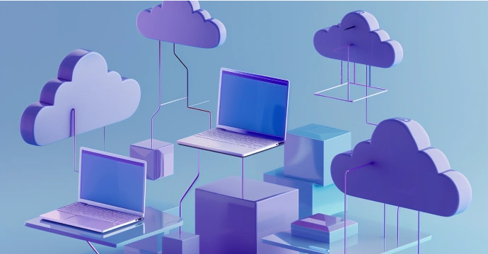 Laptops connected to floating clouds with geometric shapes.