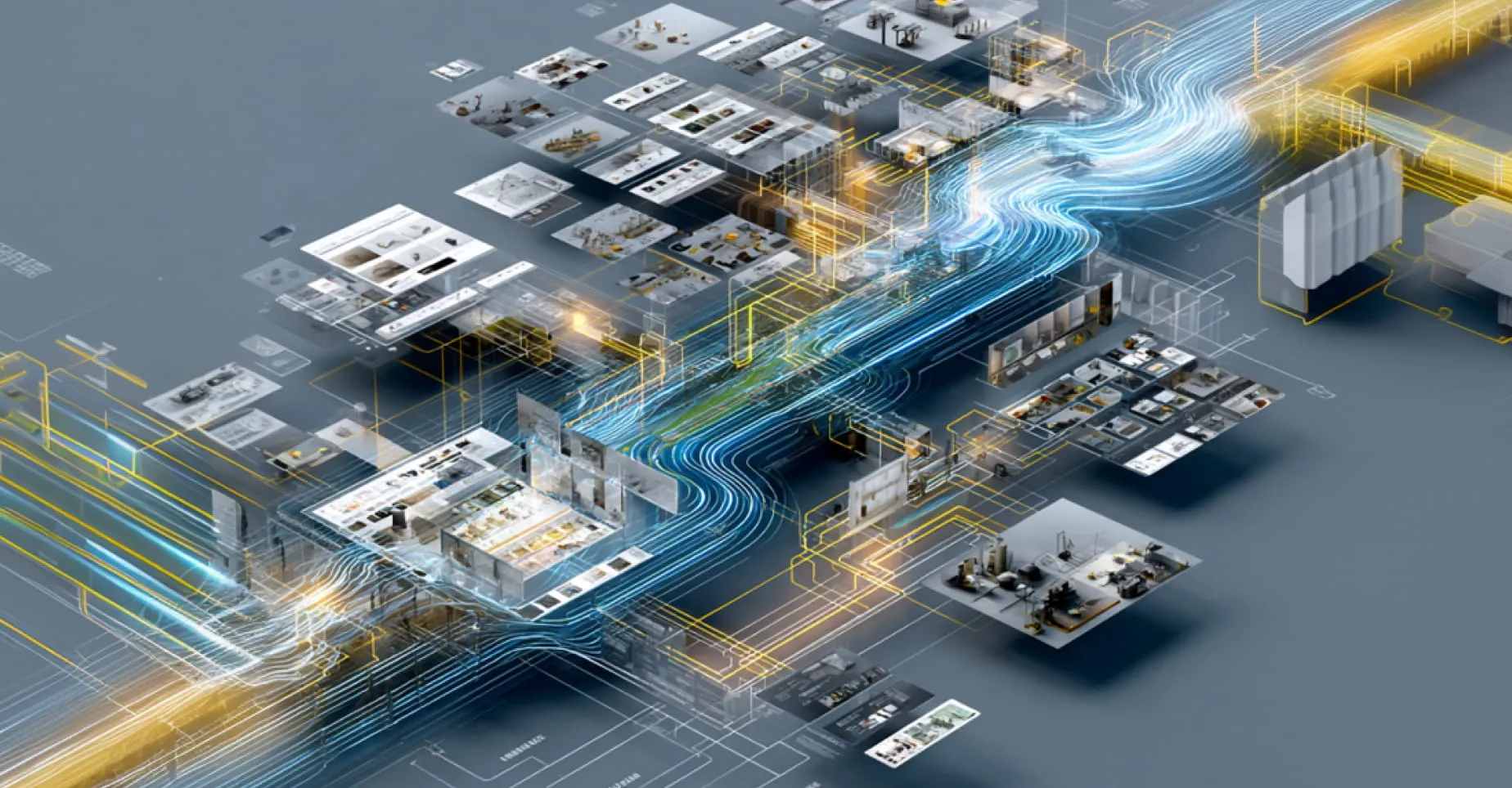 Isometric visualization of AI-powered data flows connecting enterprise product catalog systems