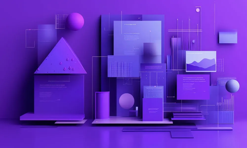 Geometric shapes and digital elements in various shades of purple