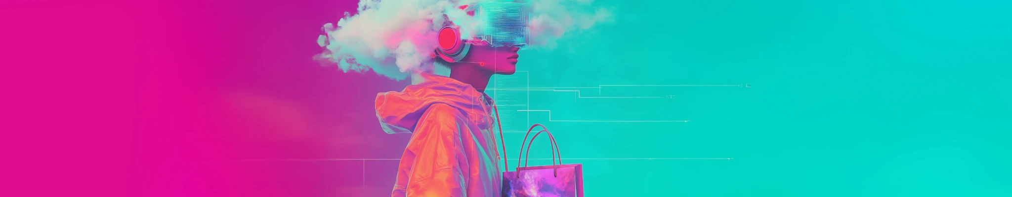 A person with headphones holding a shopping bag amidst clouds